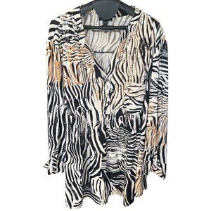 COCOMO‎ 3X Animal Print Plus Sz 3/4 sleeve Henley Pintuck Pockets Stretch Blouse